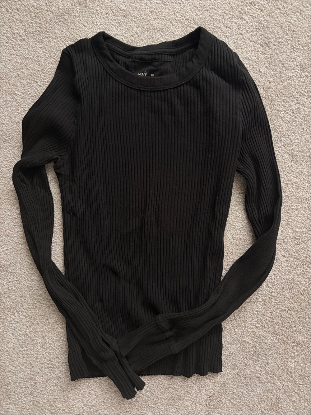 aerie Black Ribbed Long Sleeve Crewneck Top